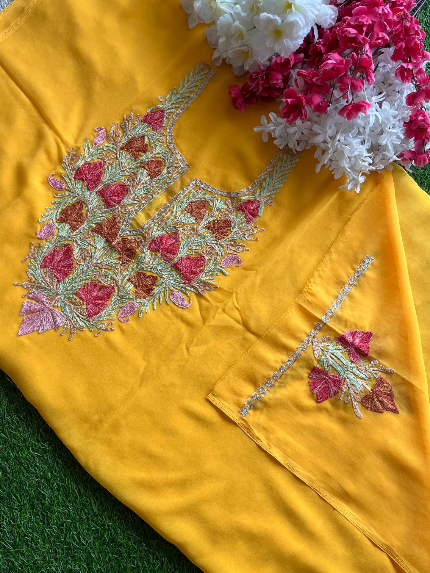 Yellow Georgette Aari Embroidered Unstitched Kurta Material