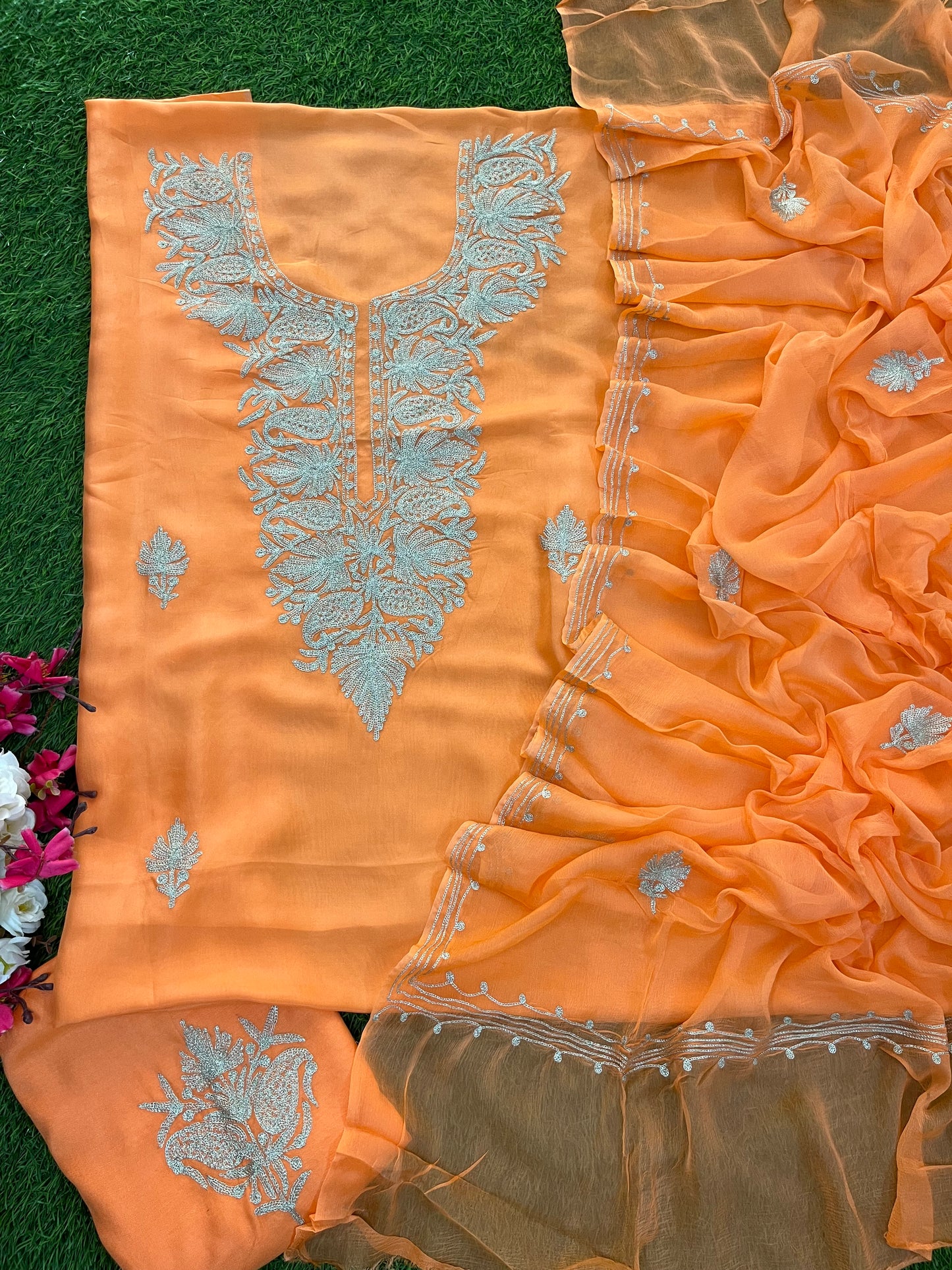Orange Silk Tilla Kashmiri Suit