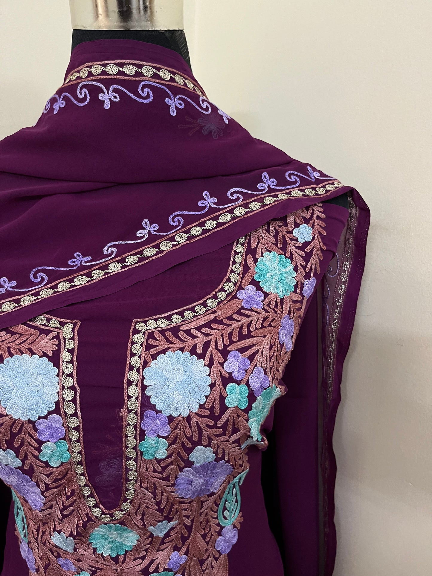 Wine Georgette 3 Pc Aari Embroidered Suit Set