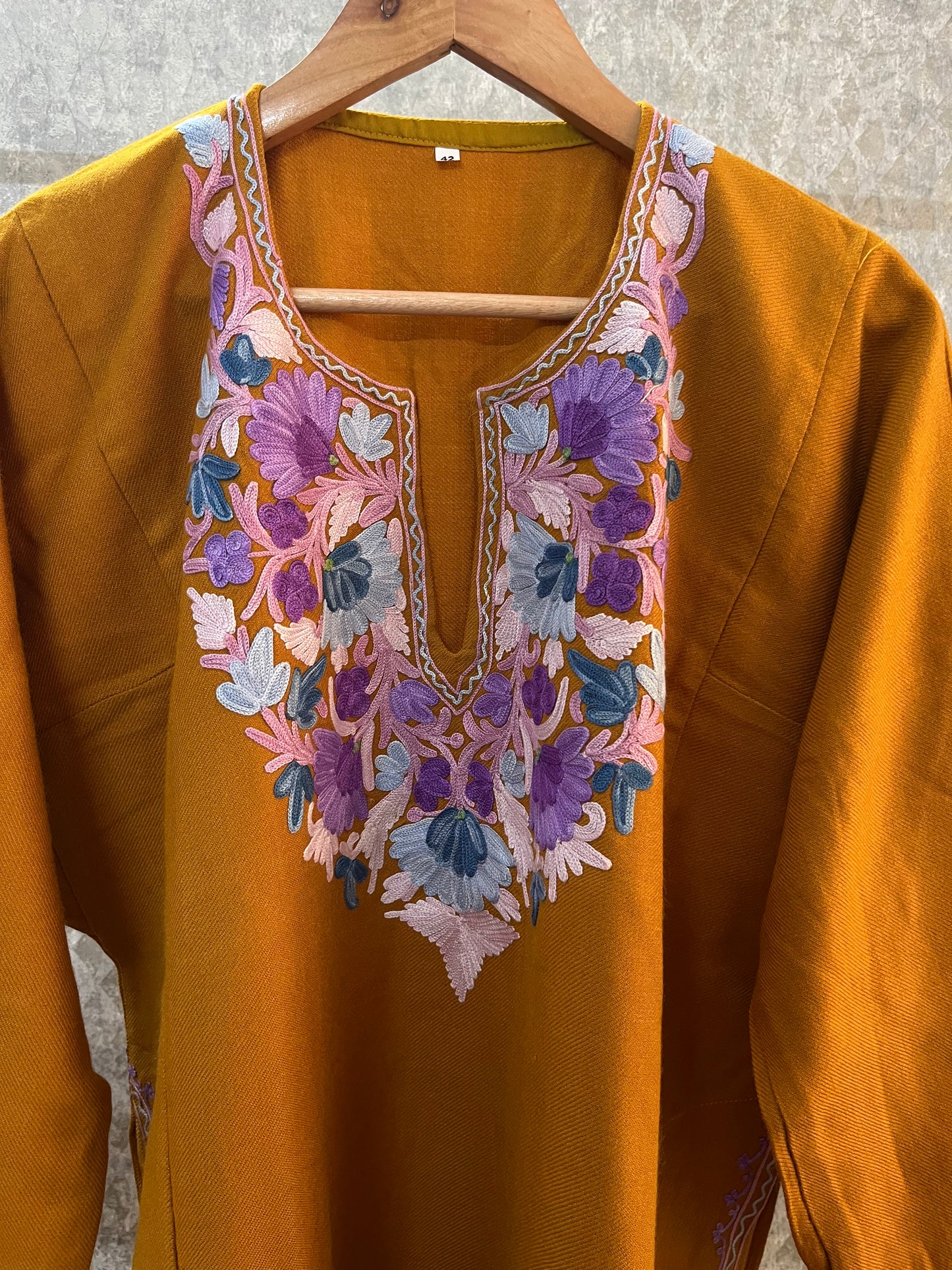 Mustard Aari Embroidered Wool Pheran