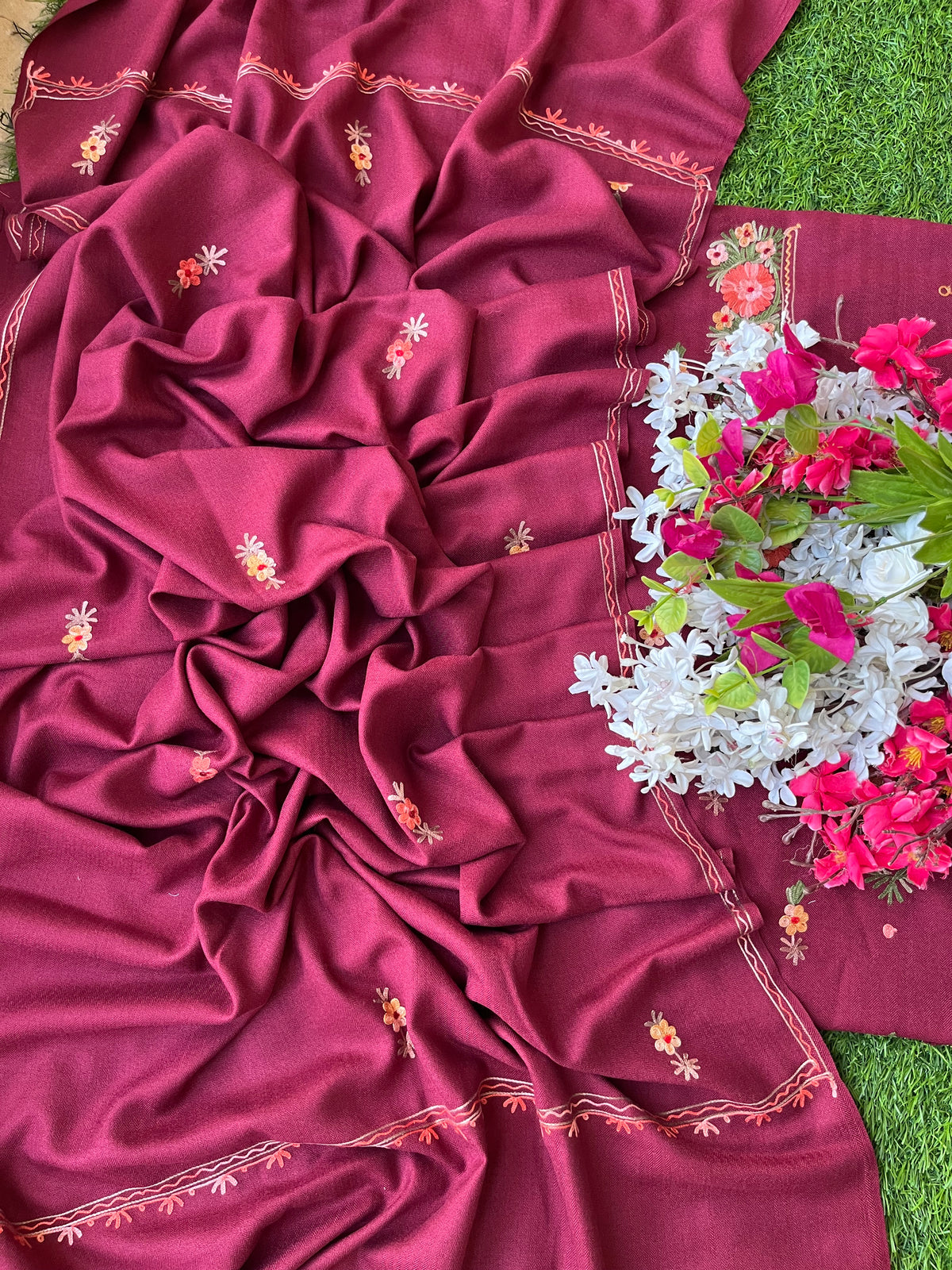 Wine Woollen Aari Embroidered 3pc suit