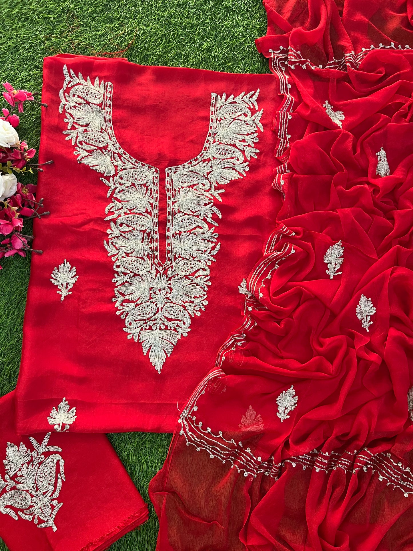 Red Silk Tilla Kashmiri Suit