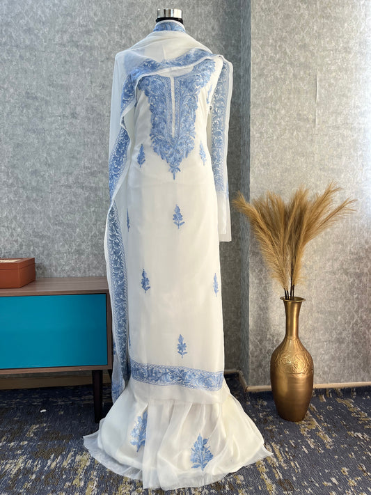 Off White Georgette Aari Embroidered Suit Set