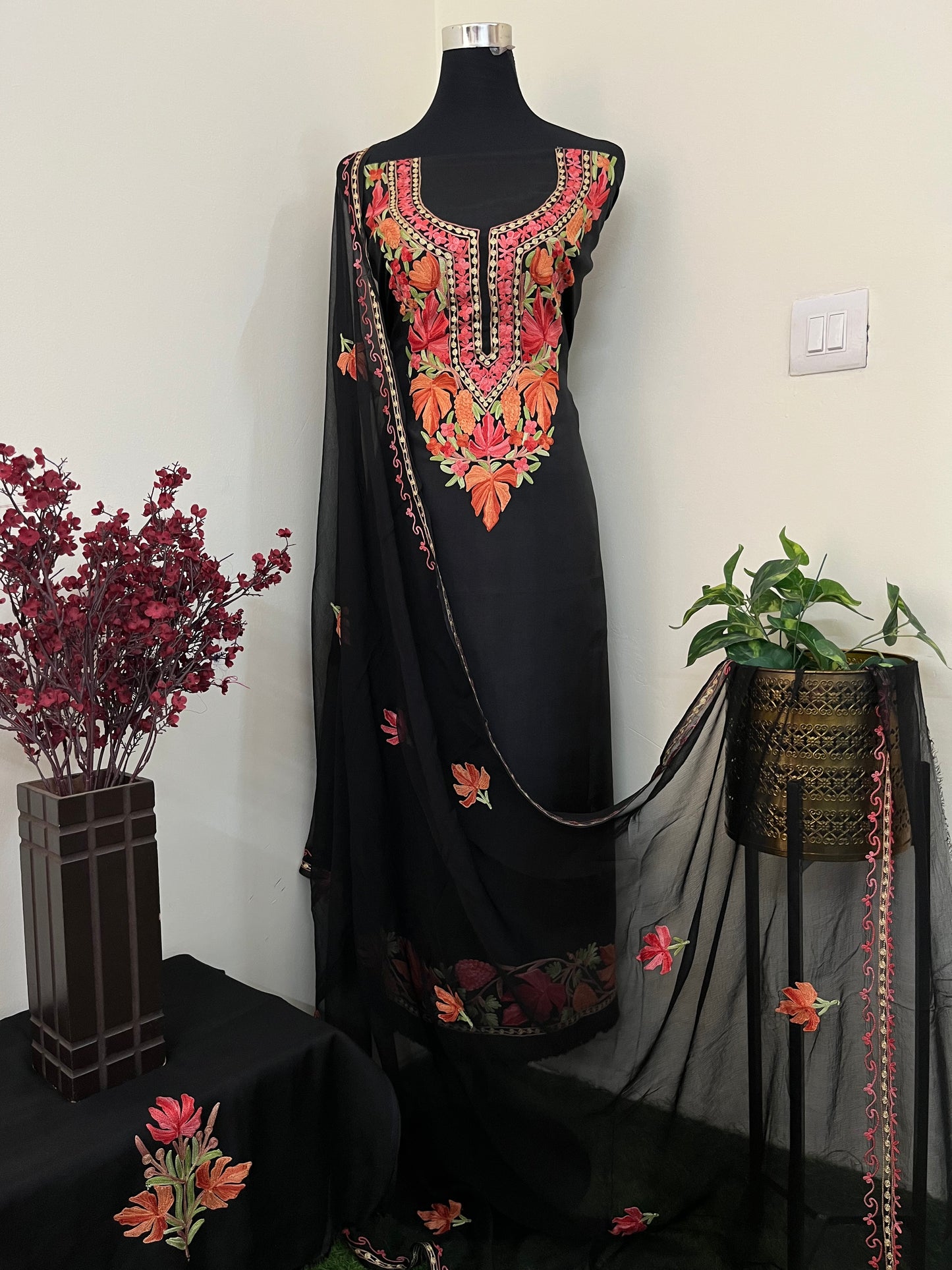 Black Opada Silk Aari Embroidered Suit material