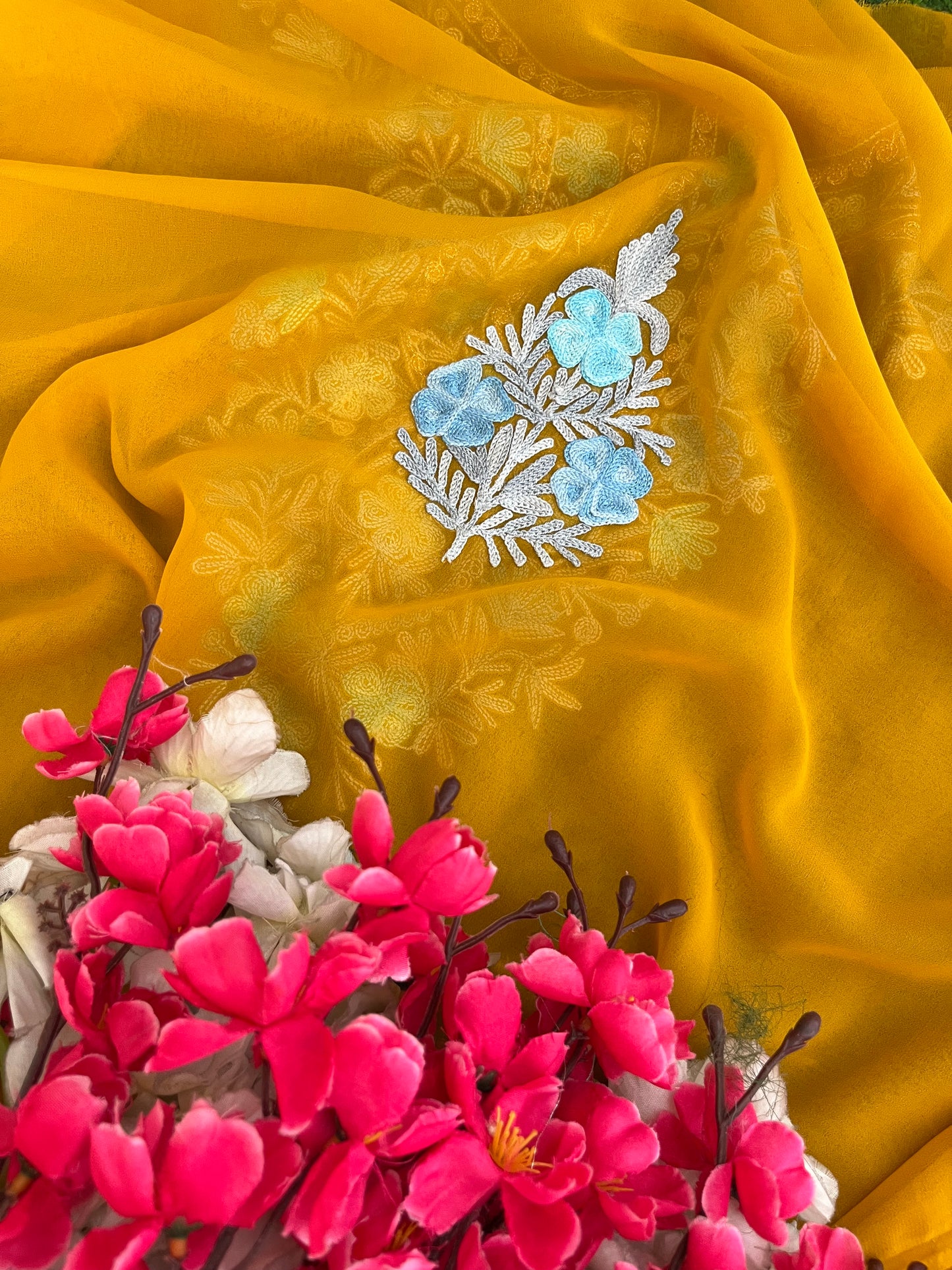 Mustard Georgette 3 Pc Aari Embroidered Suit Set