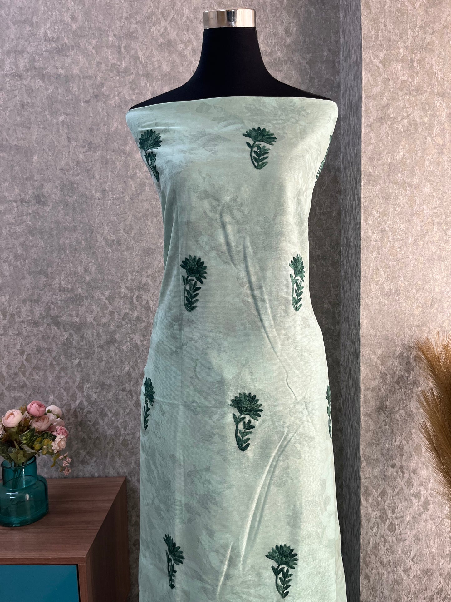 Mint Green Self Work Satin Cotton Unstitched Co-ord Set