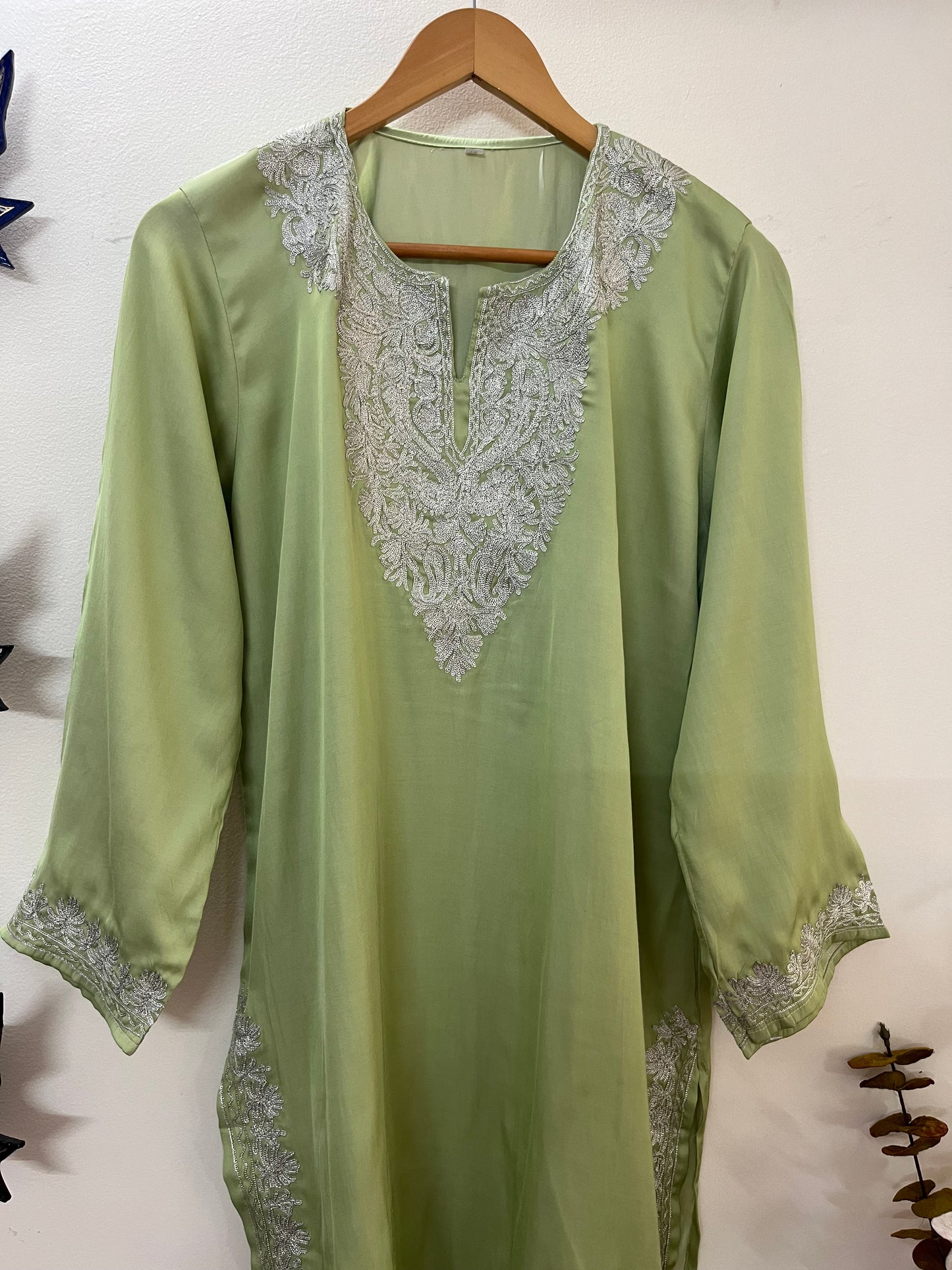 Soft Green Cotton Tilla Embroidered Stitched Kurta