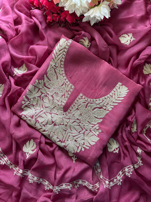 Sanam’ Onion Pink Silk Tilla Kashmiri Suit