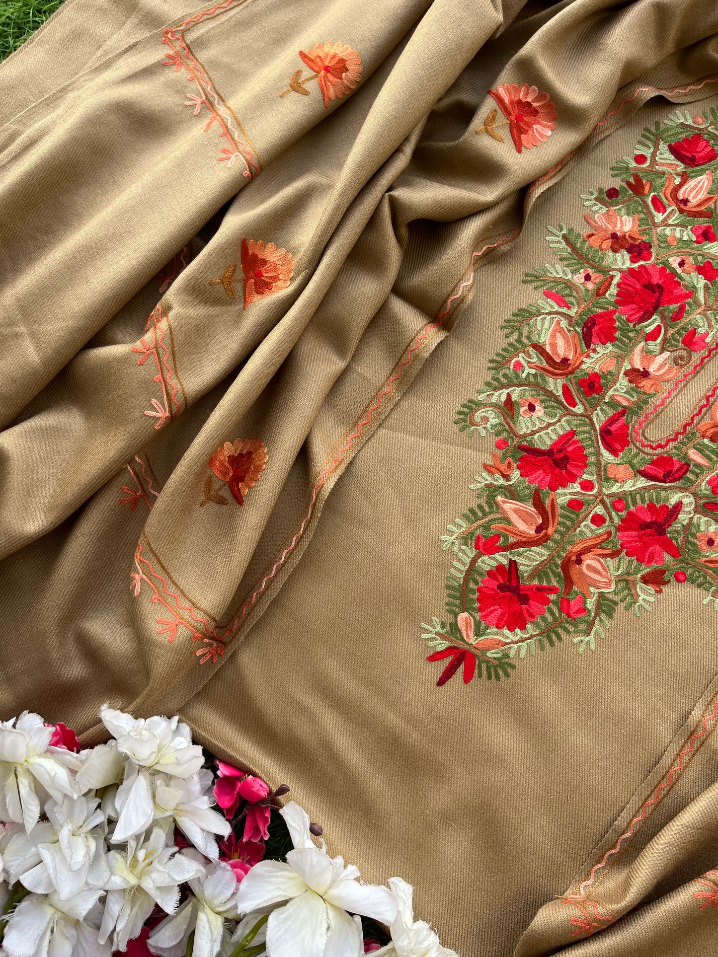 Beige Woollen Aari Embroidered 3pc suit