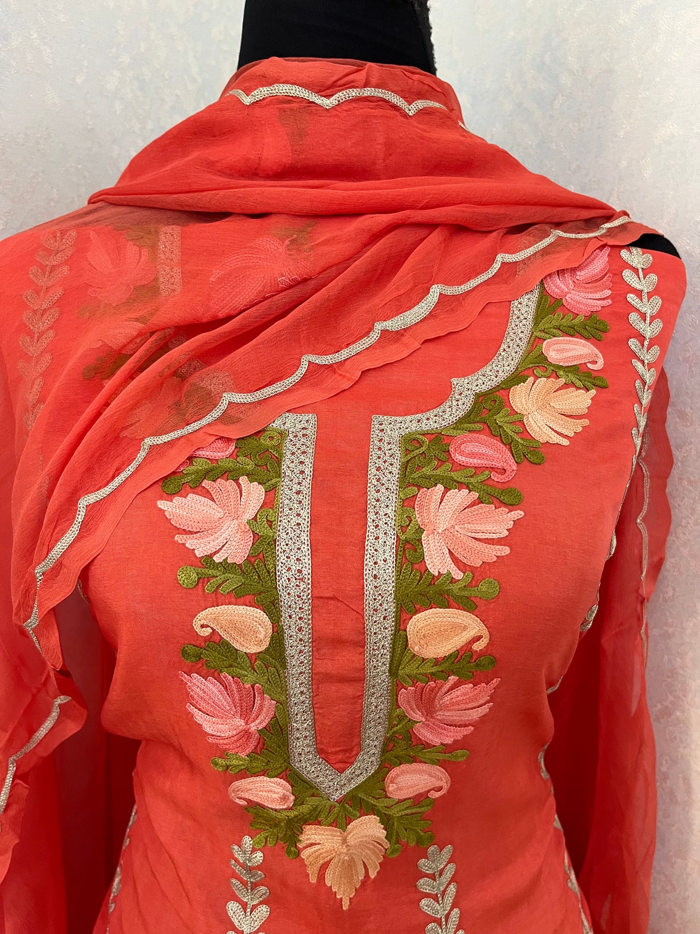 Sanam’ Orange Silk Aari Embroidered Suit material