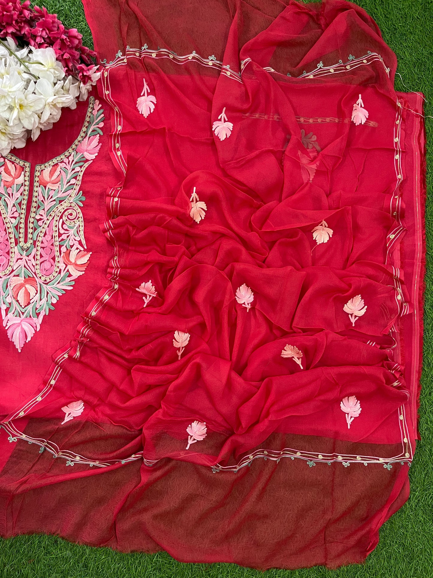 Carrot Red Opada Silk Kashmiri Suit