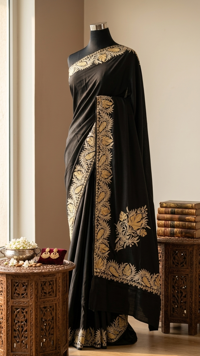 Black Crape Kashmiri Saree