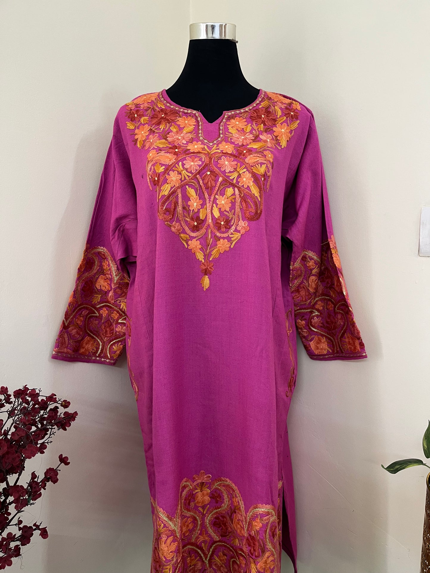 Rose Pink Aari Embroidered Wool Pheran