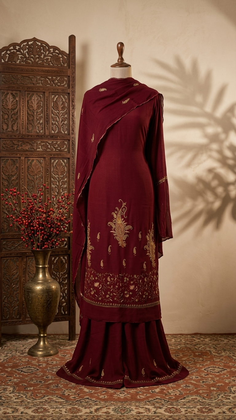 Maroon Kalaa’ Crape Sozni Kashmiri Suit