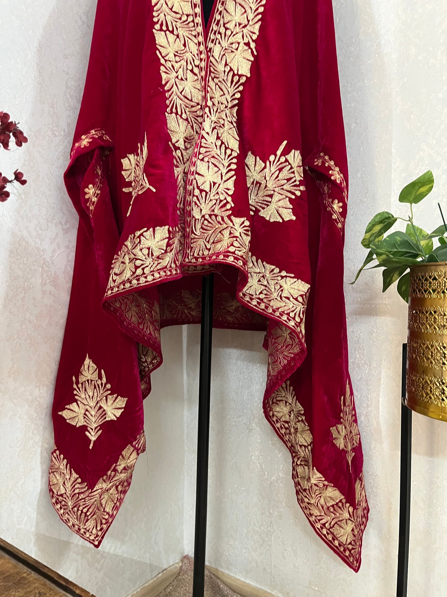 Hot pink Tilla Embroidered Velvet Cape