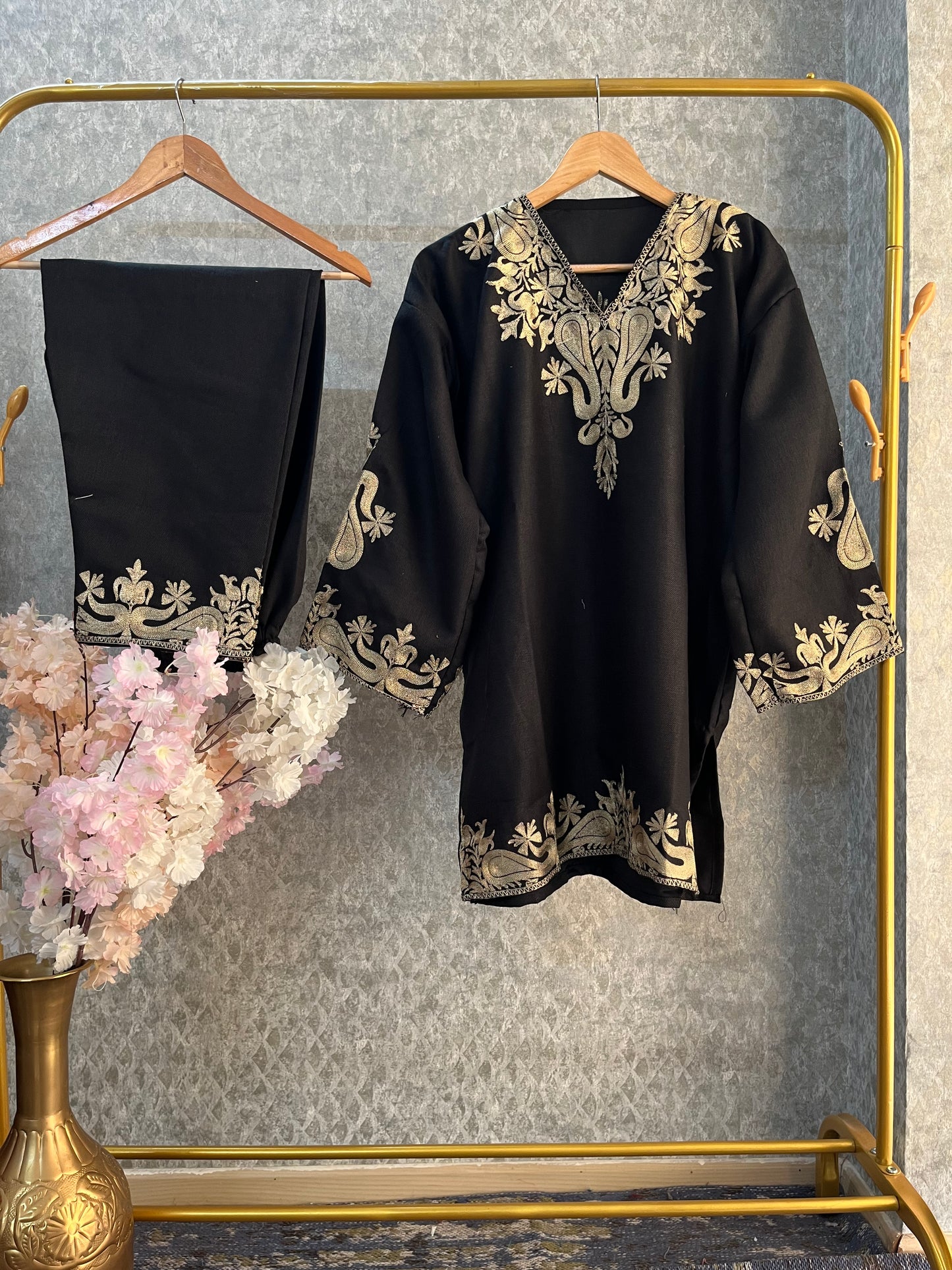 Black Woollen Kashmiri Co-Ord Set ( Size 46)