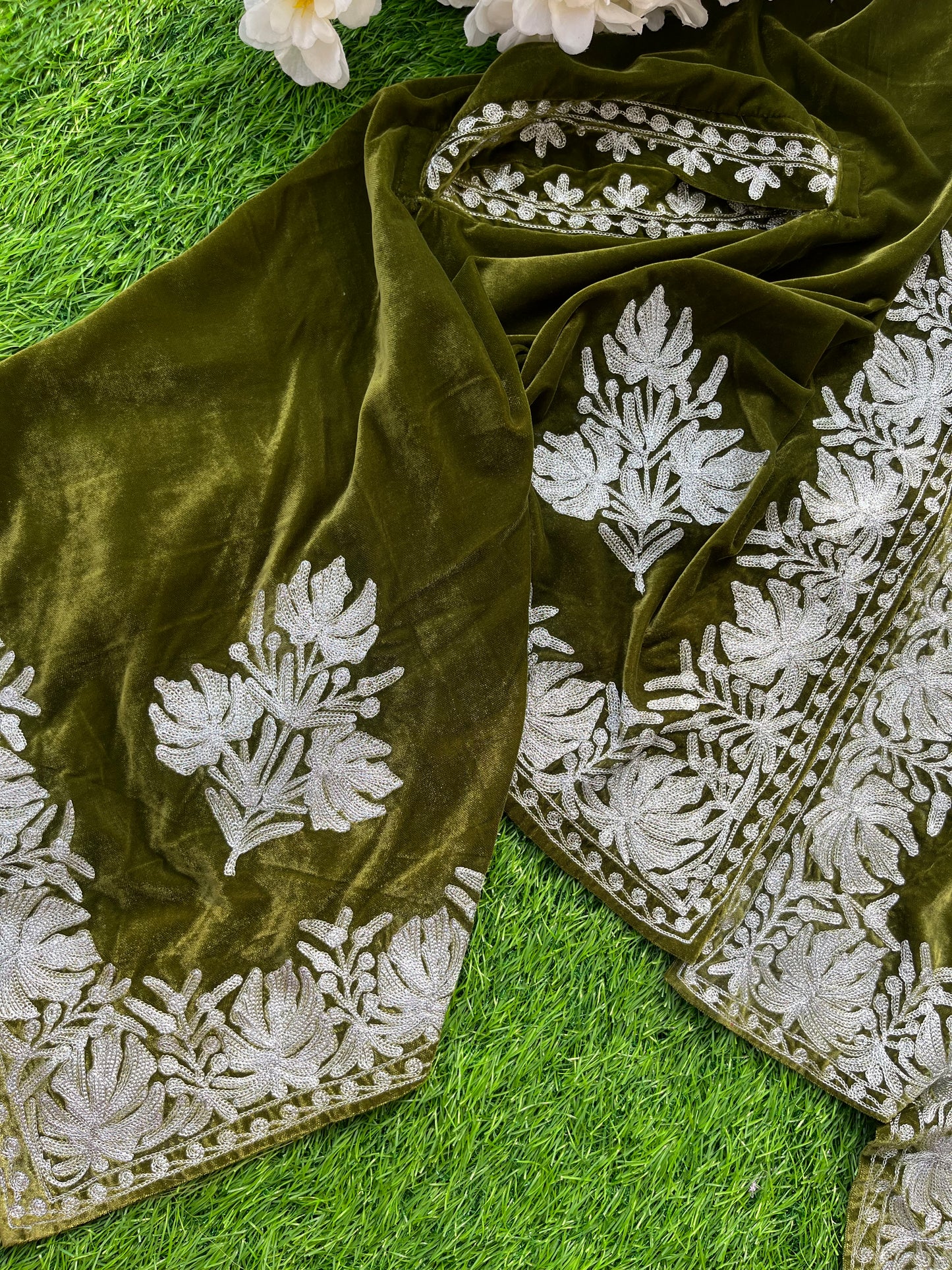 Henna Green Tilla Embroidered Velvet Cape