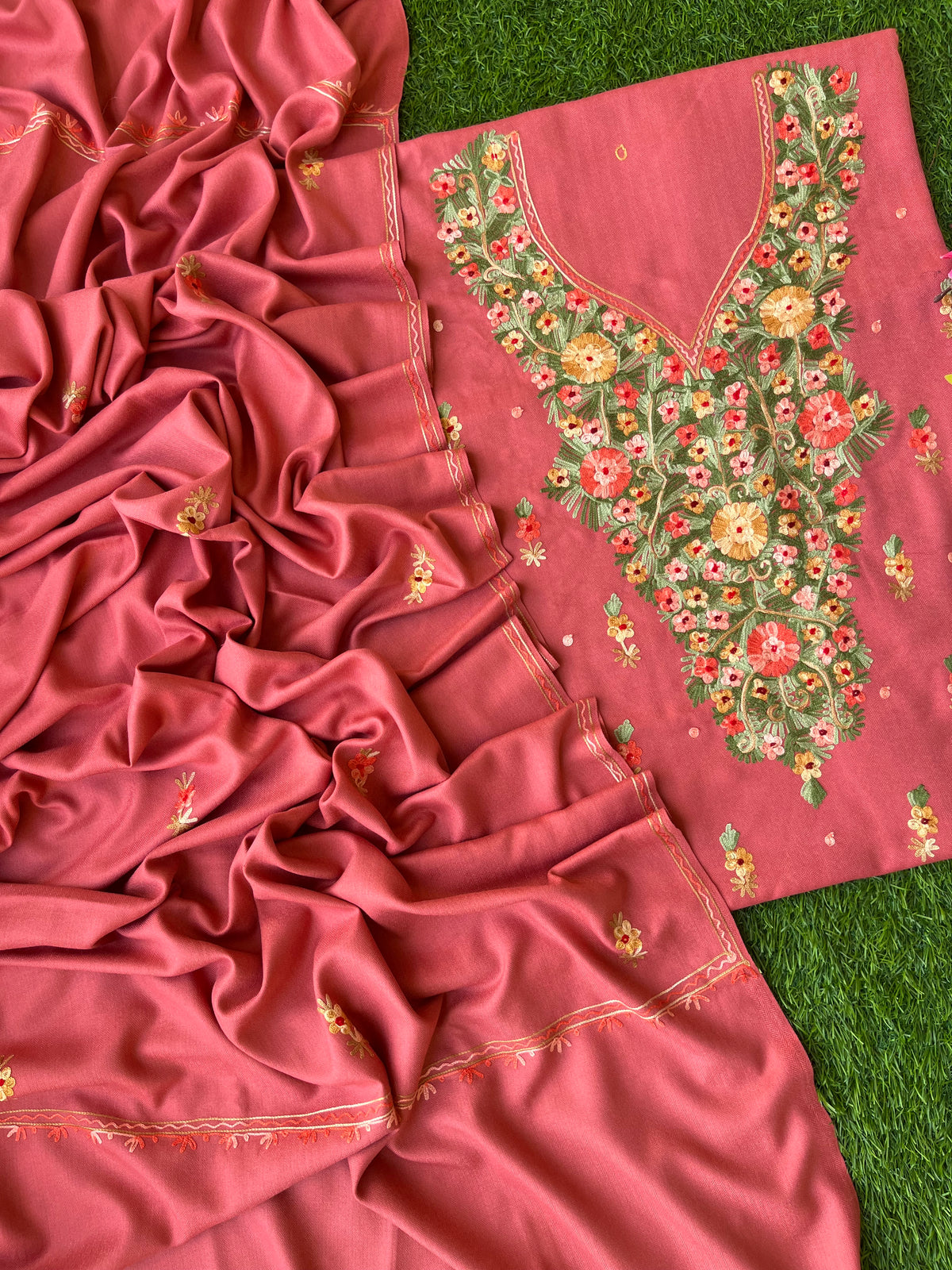 Pink Woollen Aari Embroidered 3pc suit