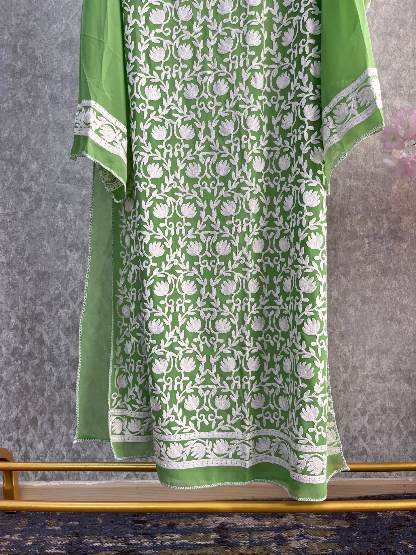 Georgette Green Jaal Work Semistitched Kurta Material
