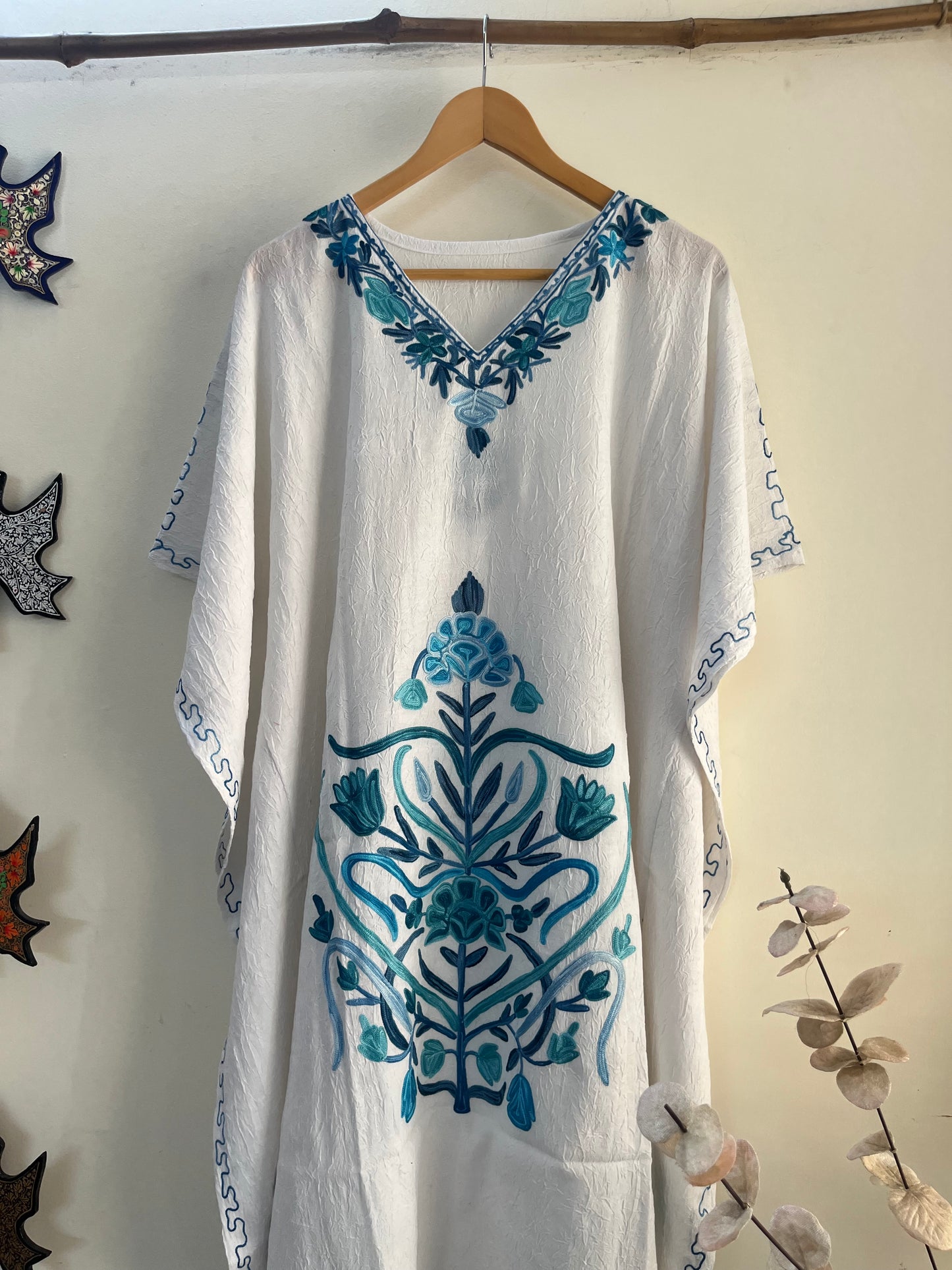 Crush Cotton White Aari embroidered Kaftan