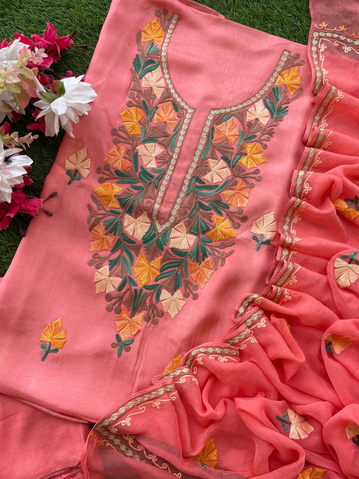 Peach Opada Silk Kashmiri Suit