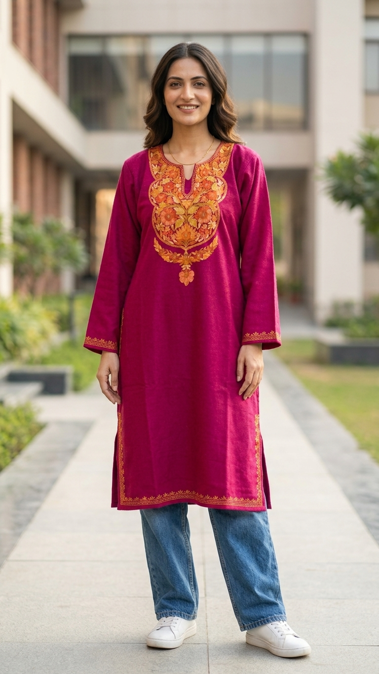 Hot Pink Aari Embroidered Wool Pheran