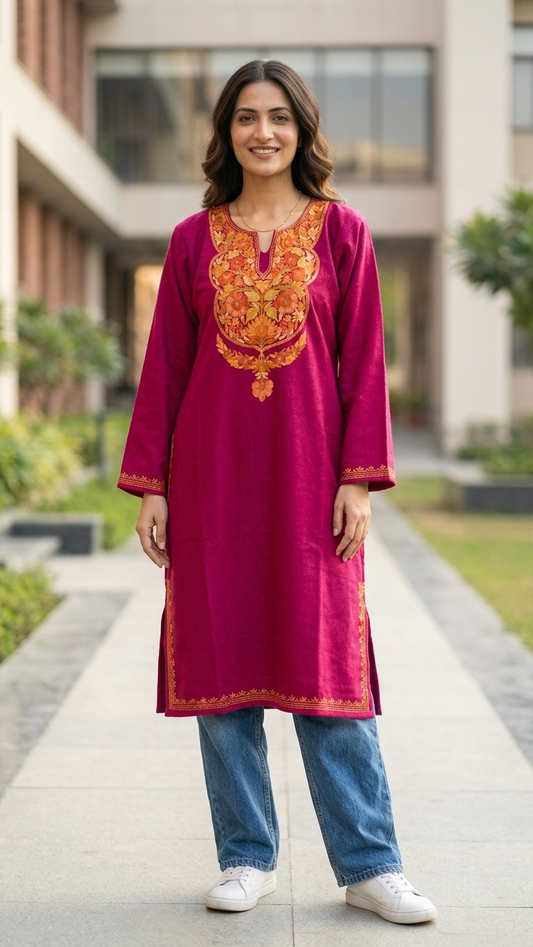 Hot Pink Aari Embroidered Wool Pheran