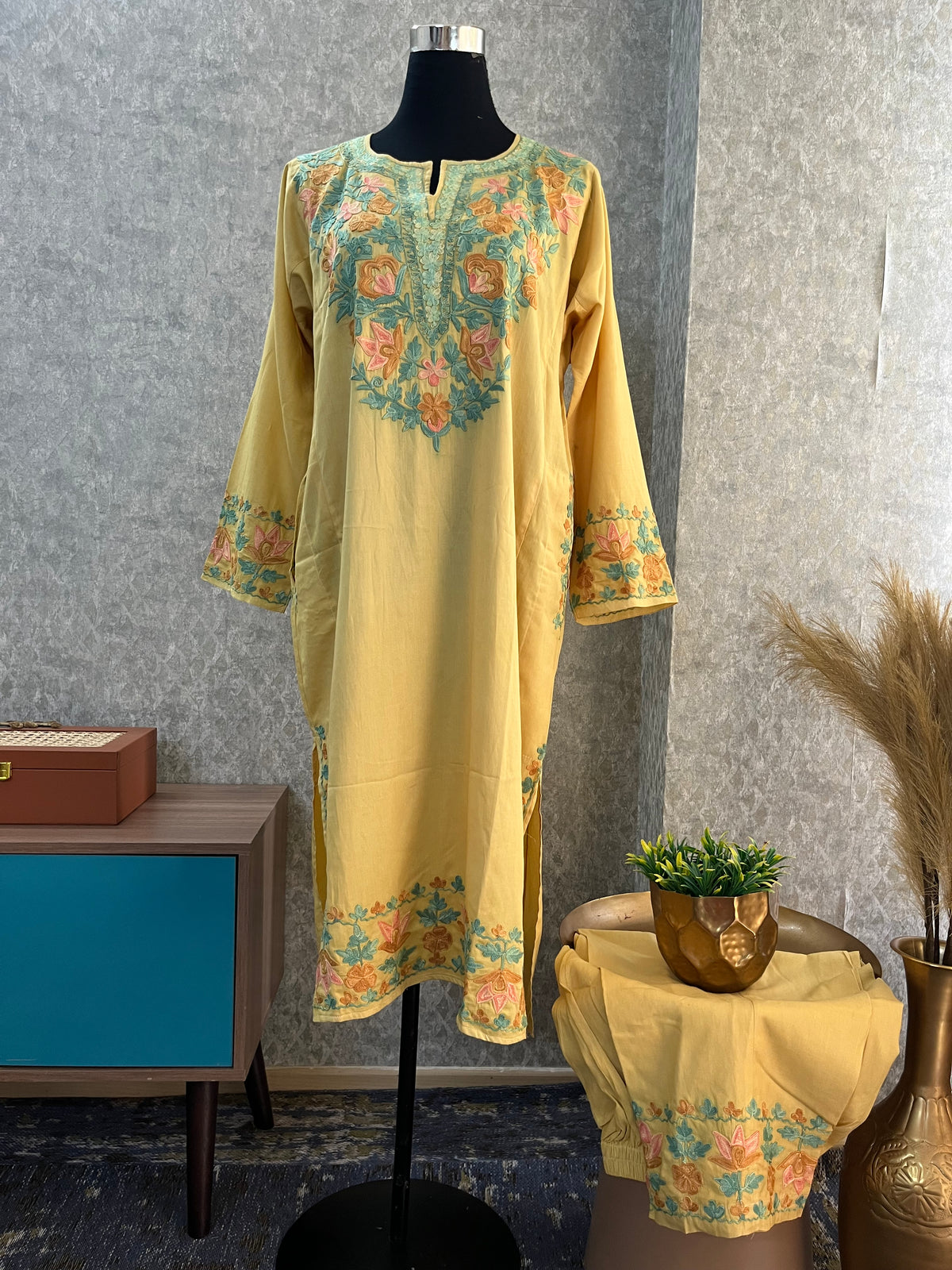 Golden Cotton Front Jaal Pheran Set  Size(44)