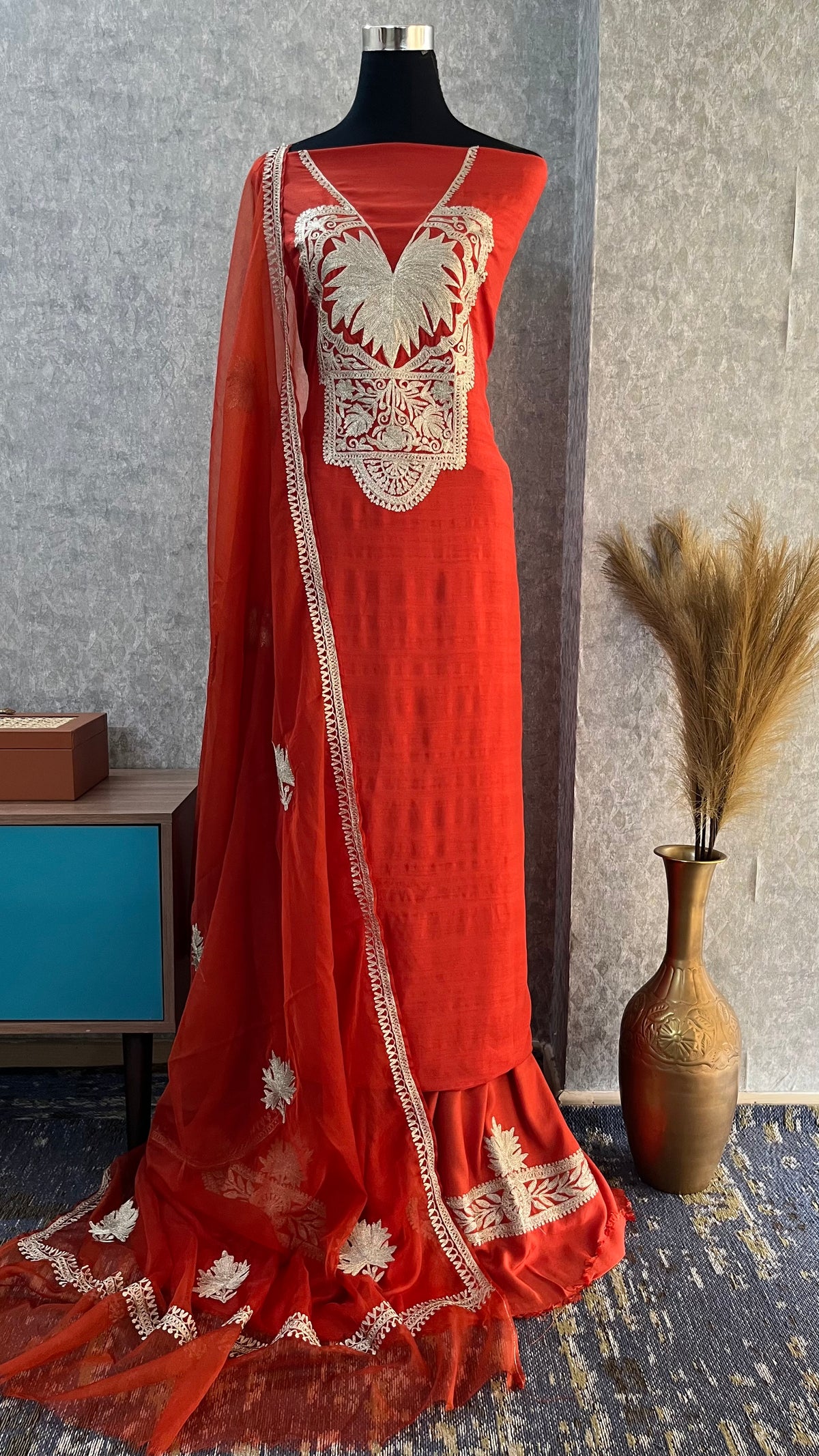 Orange Silk Tilla Embroidered Suit