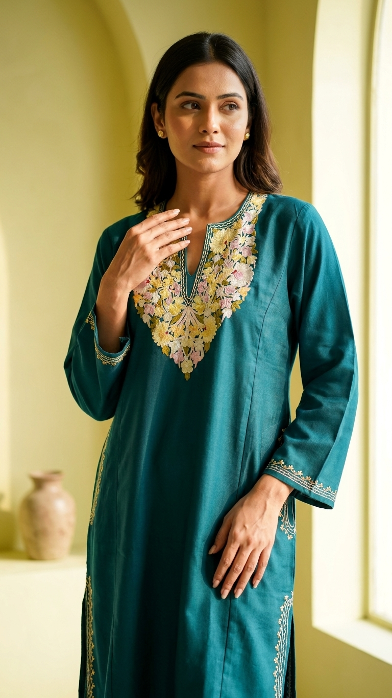 Green Aari Embroidered Wool Pheran