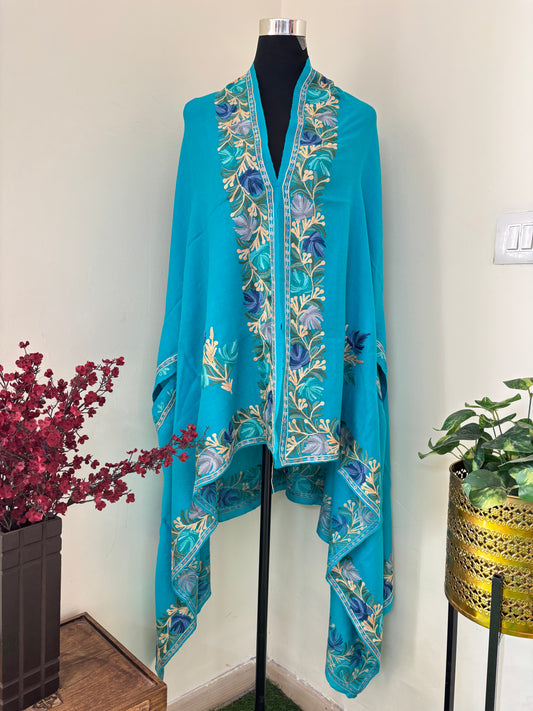 Sky Blue Aari Embroidered Pure Wool Cape