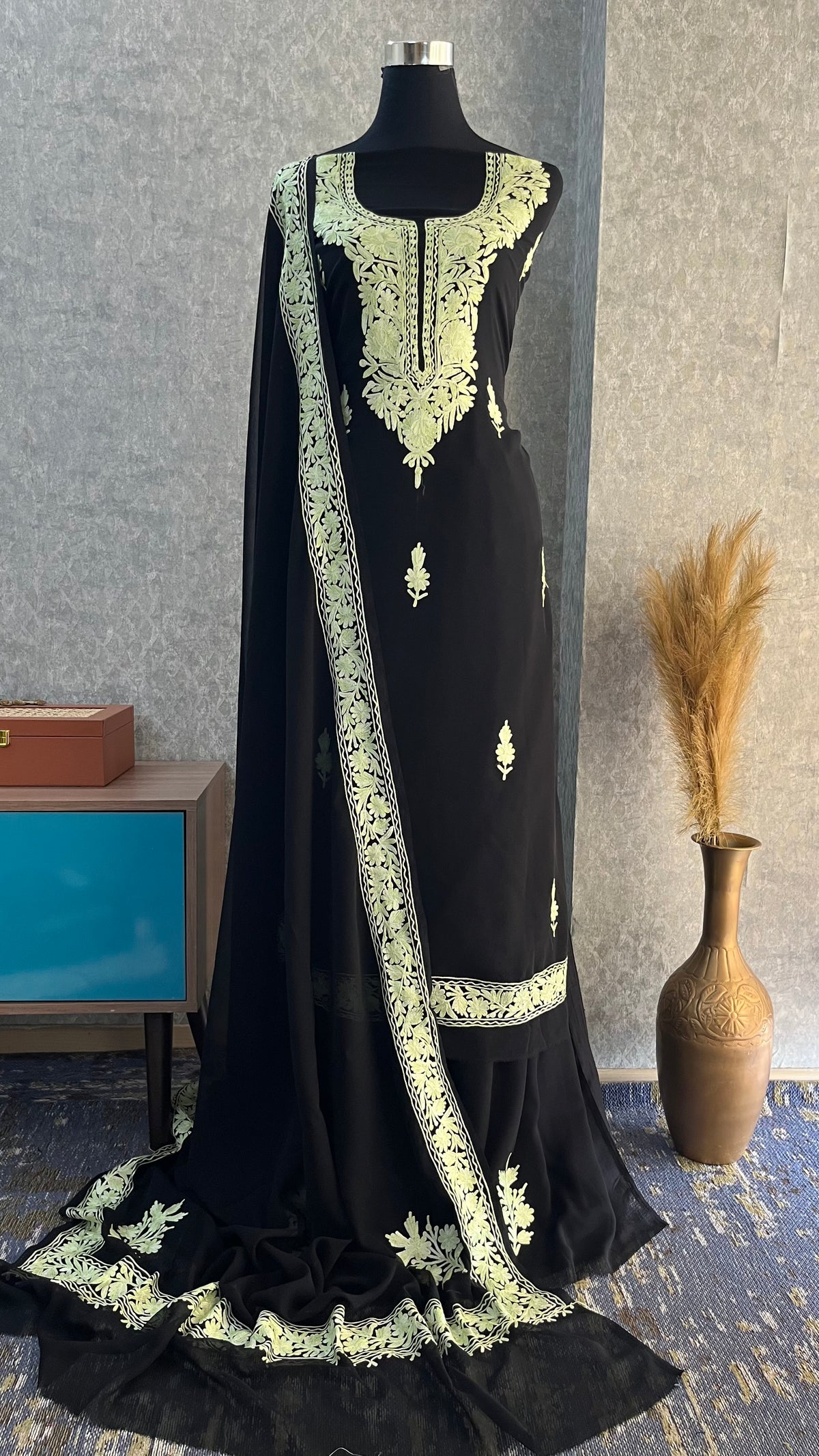 Georgette Black 3 Pc Kashmiri Suit