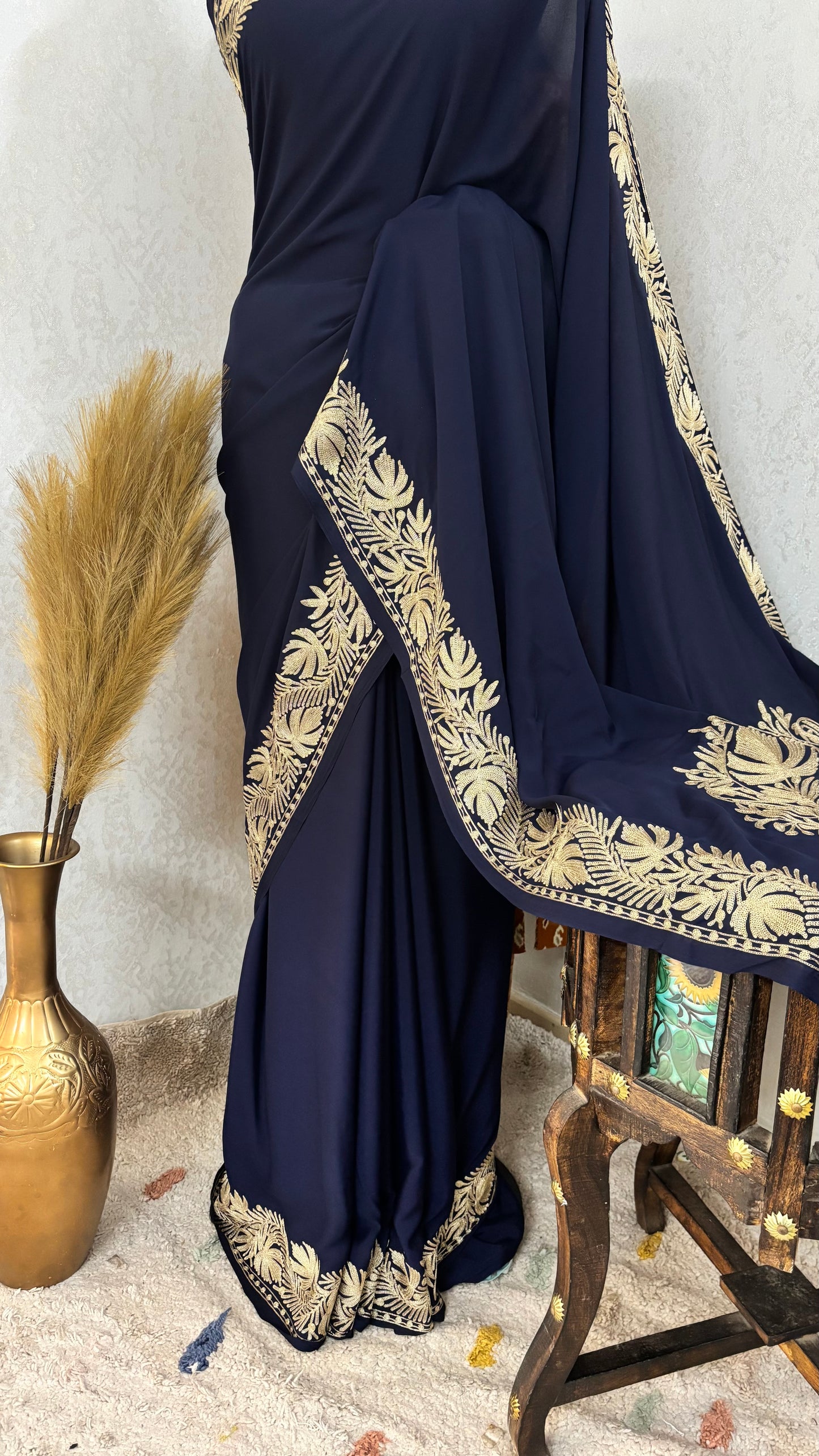 Navy Blue Crape Kashmiri Tilla Saree (Copy)