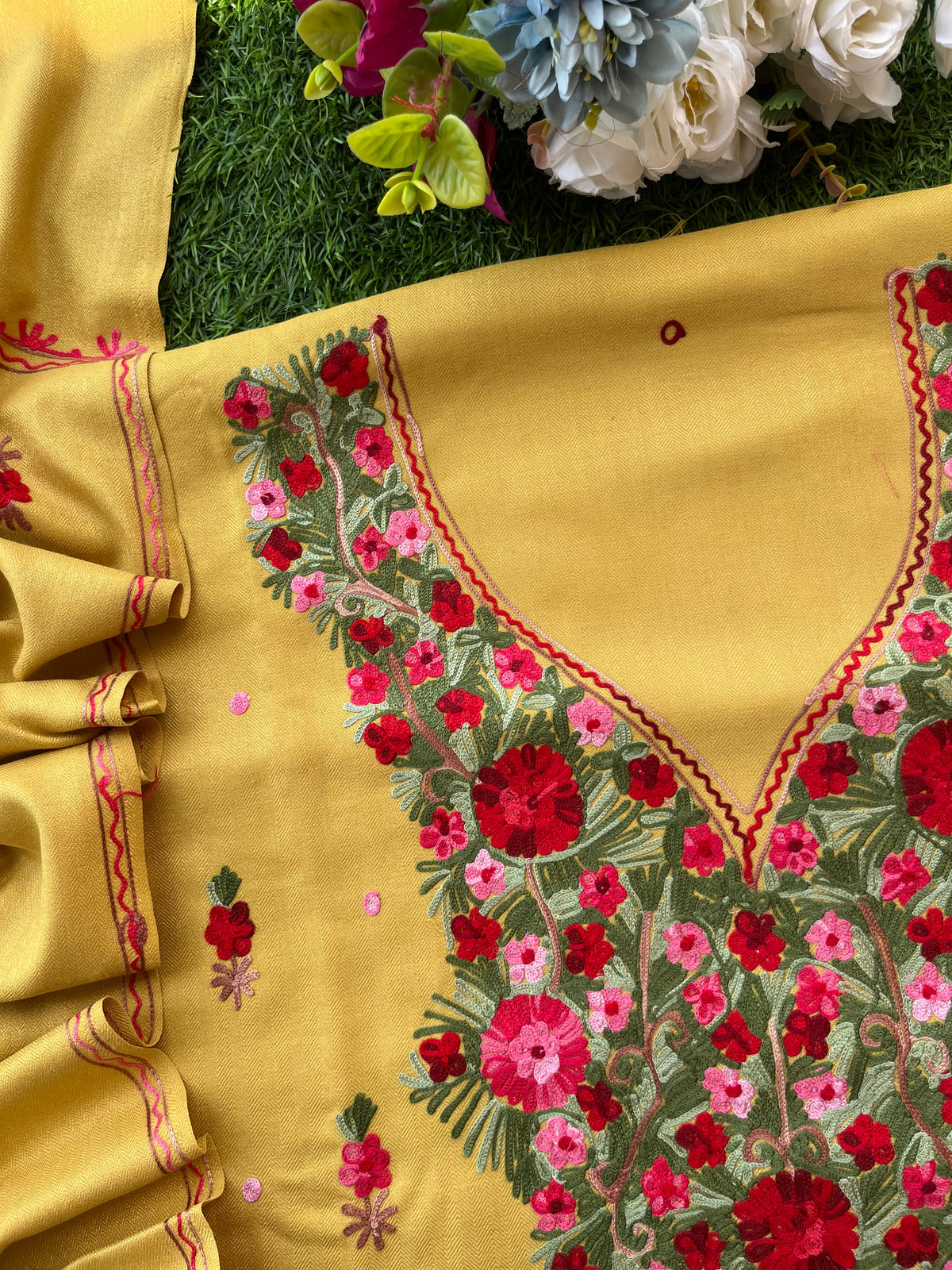Yellow Woollen Aari Embroidered 3pc suit