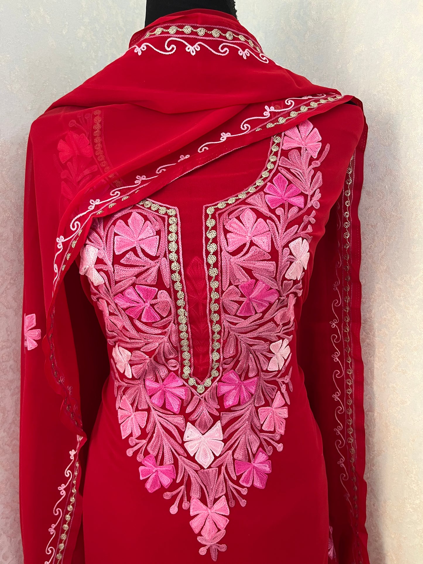 Red Georgette 3 Pc Aari Embroidered Suit Set