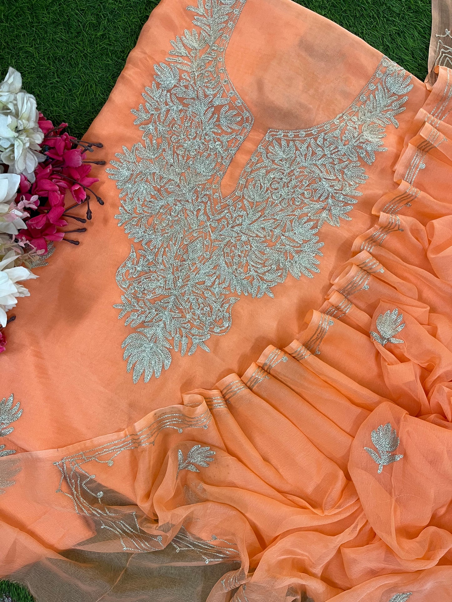 Peach Pink Silk Tilla Kashmiri Suit