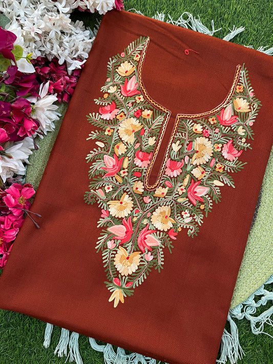 Rust Woollen Aari Embroidered 2pc suit 5mtr
