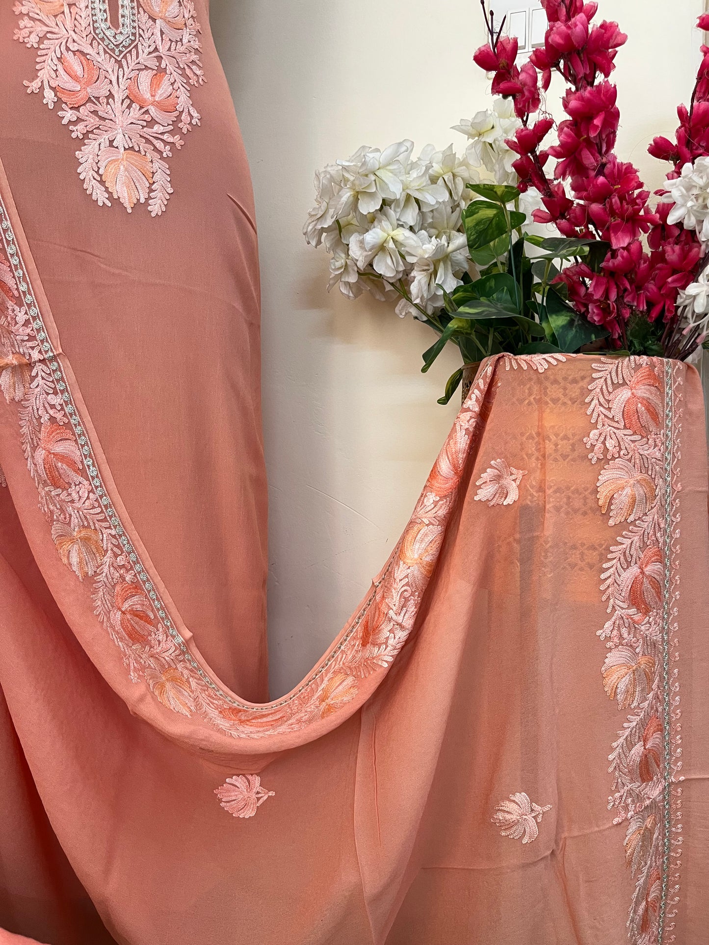 Peach Pure Georgette Kashmiri Suit