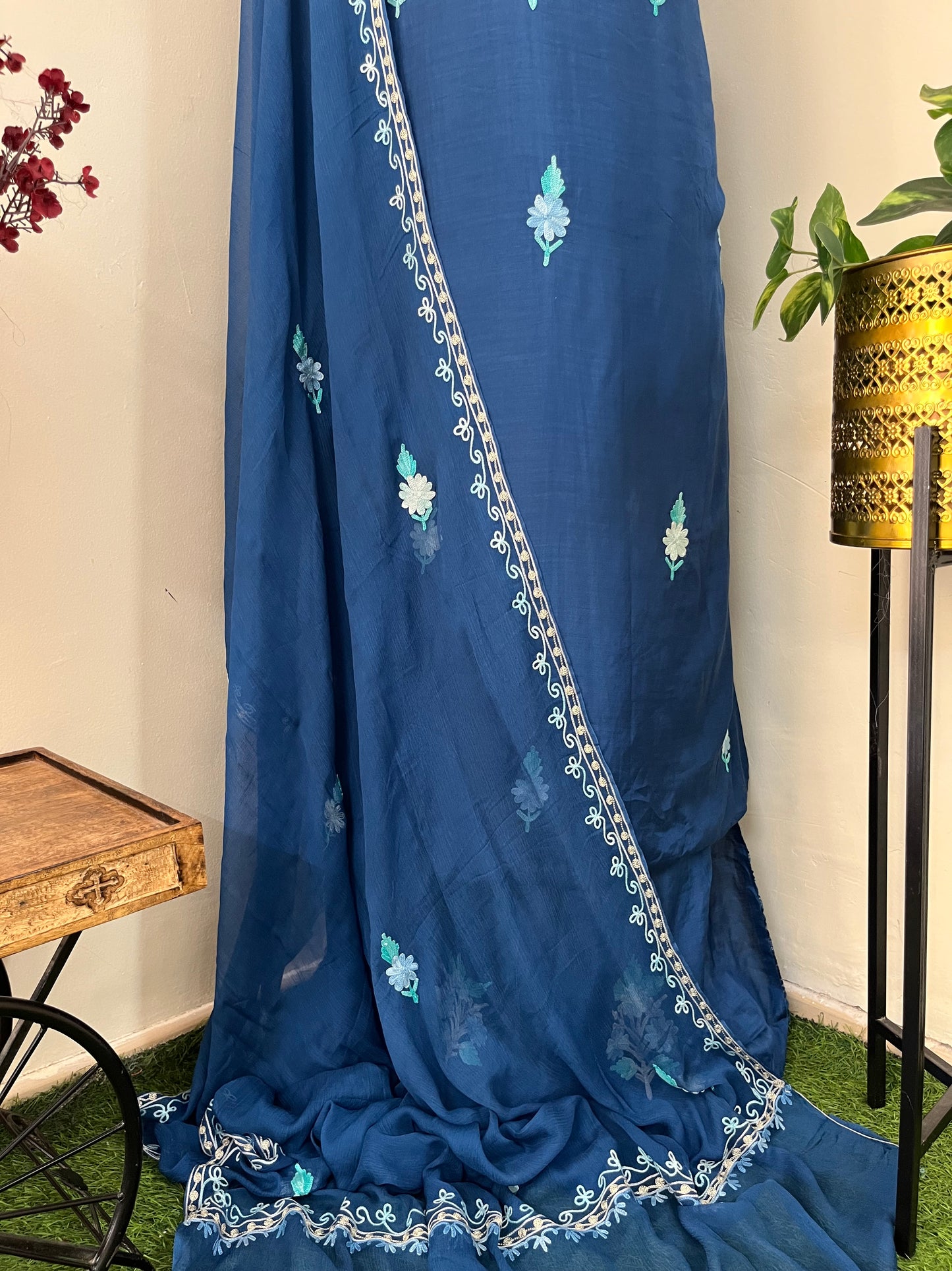 Blue  Muslin Cotton Jaal Sleeves Kashmiri 3pc Suit