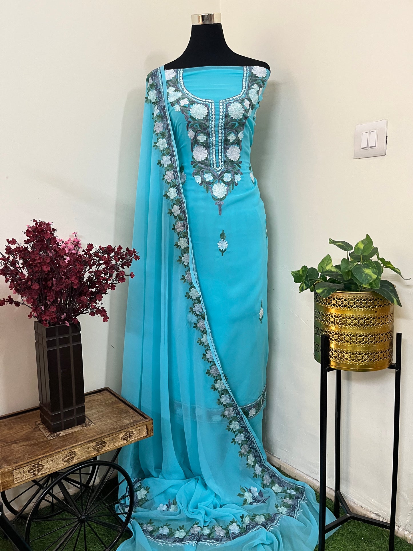 Sky Blue Georgette 3 Pc Aari Embroidered Suit Set