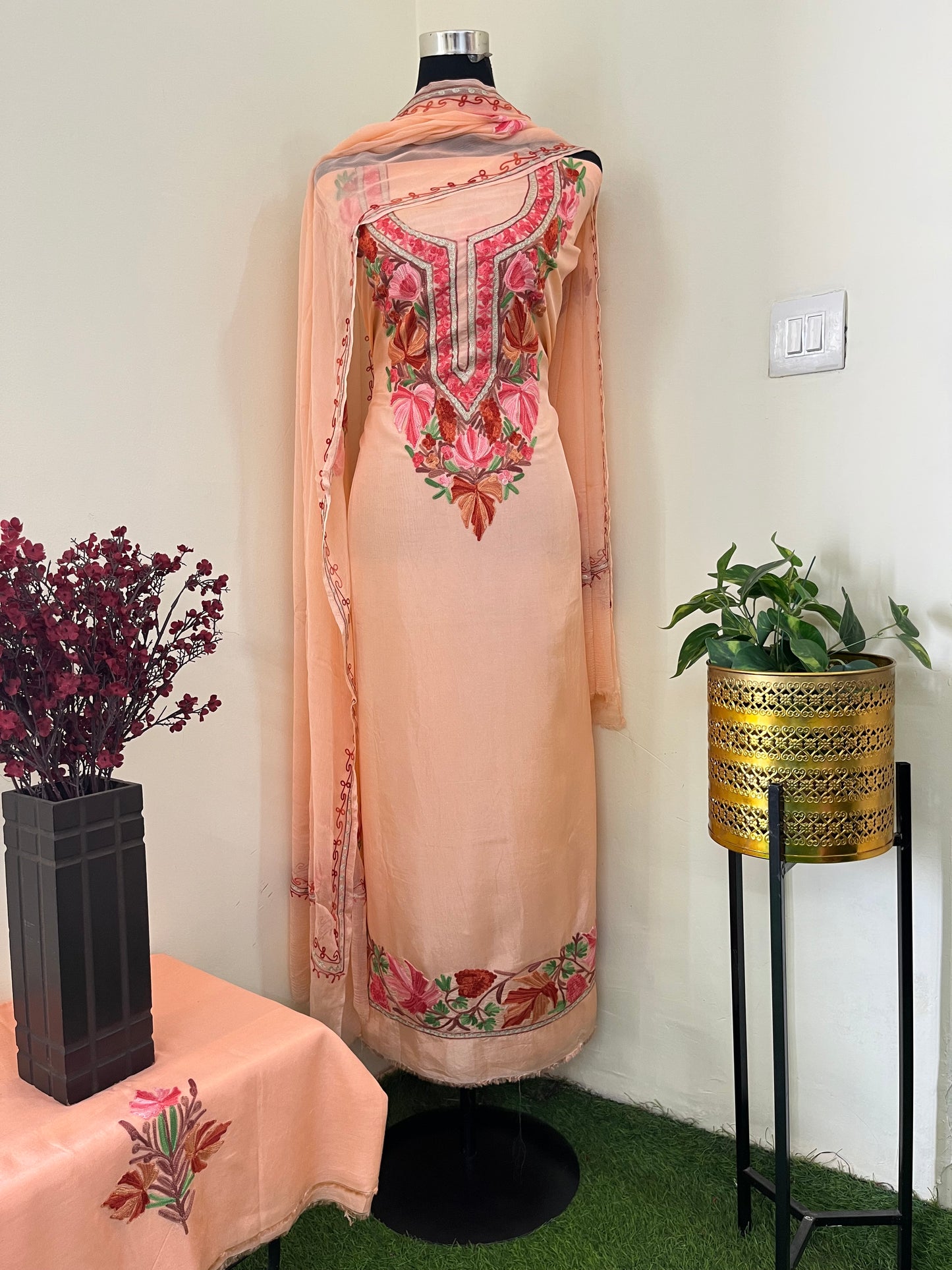 Peach Opada Silk Aari Embroidered Suit material