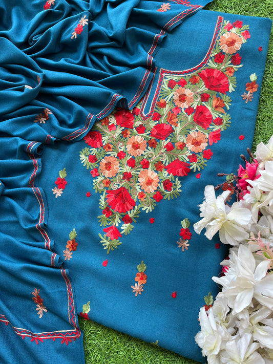Peacock Blue Woollen Aari Embroidered 3pc suit