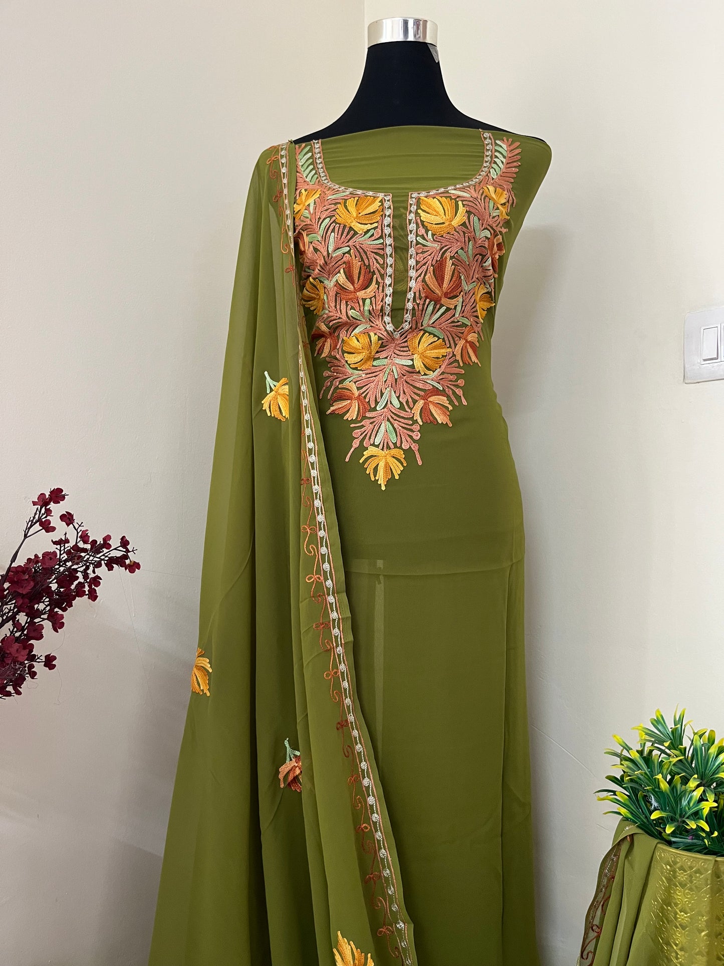 Forest Green Georgette Shirt and Dupatta Aari Embroidered Suit