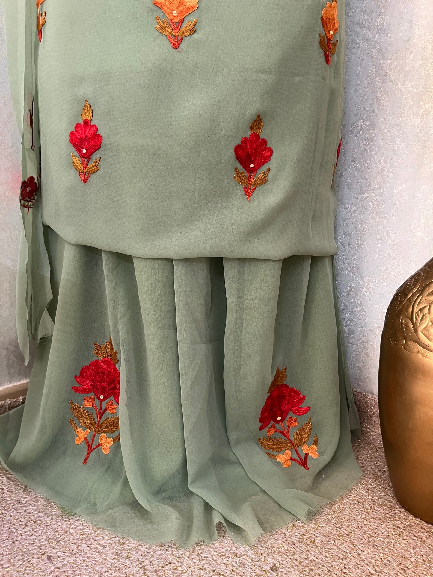 Jade Green Georgette 3Pc Kashmiri Suit