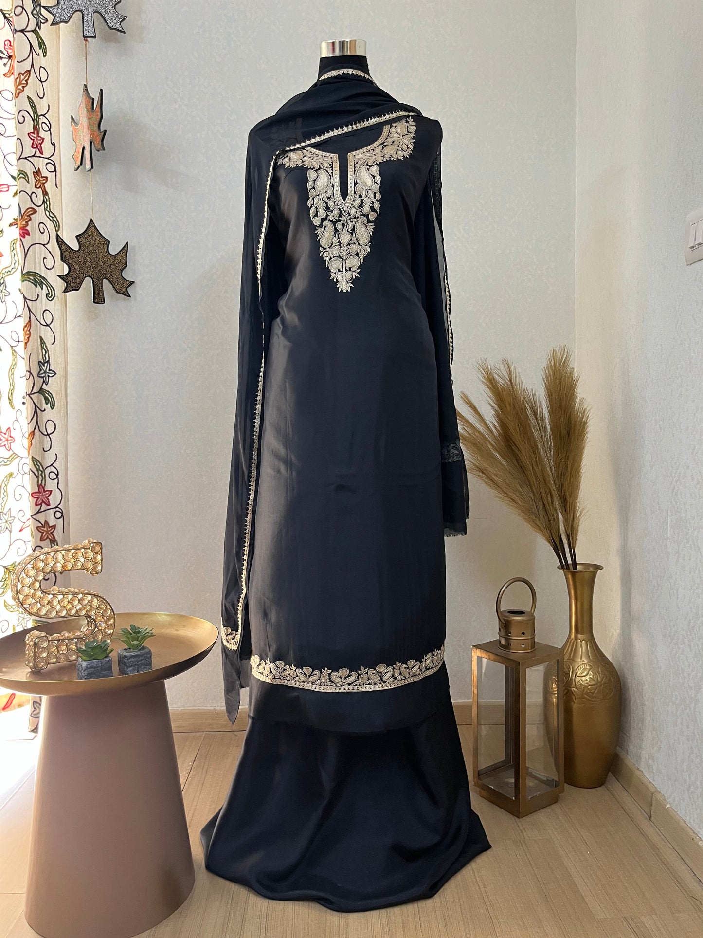 Black Silk Puff Tilla Embroidered Kashmiri Suit