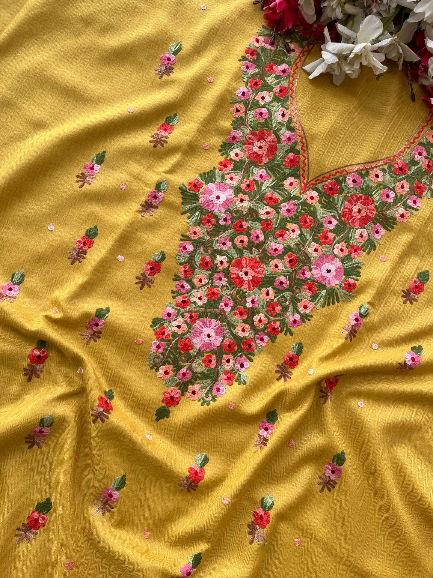 Yellow Woollen Aari Embroidered 3pc suit