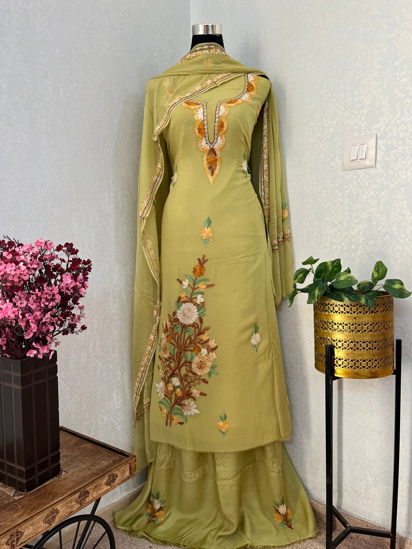 Lemon Green  Pure Georgette Aari Embroidered Suit