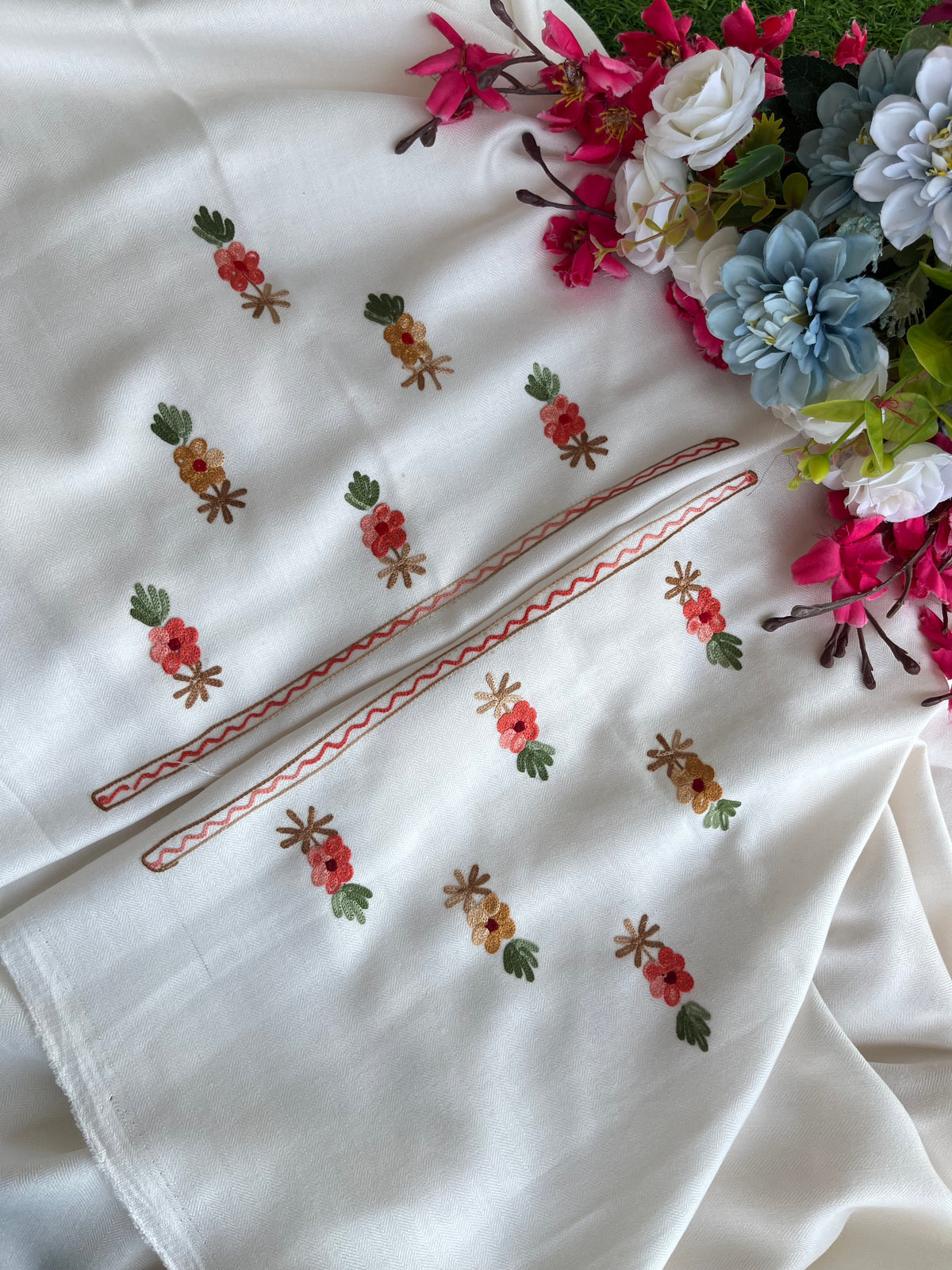 Off White Woollen Aari Embroidered 3pc suit
