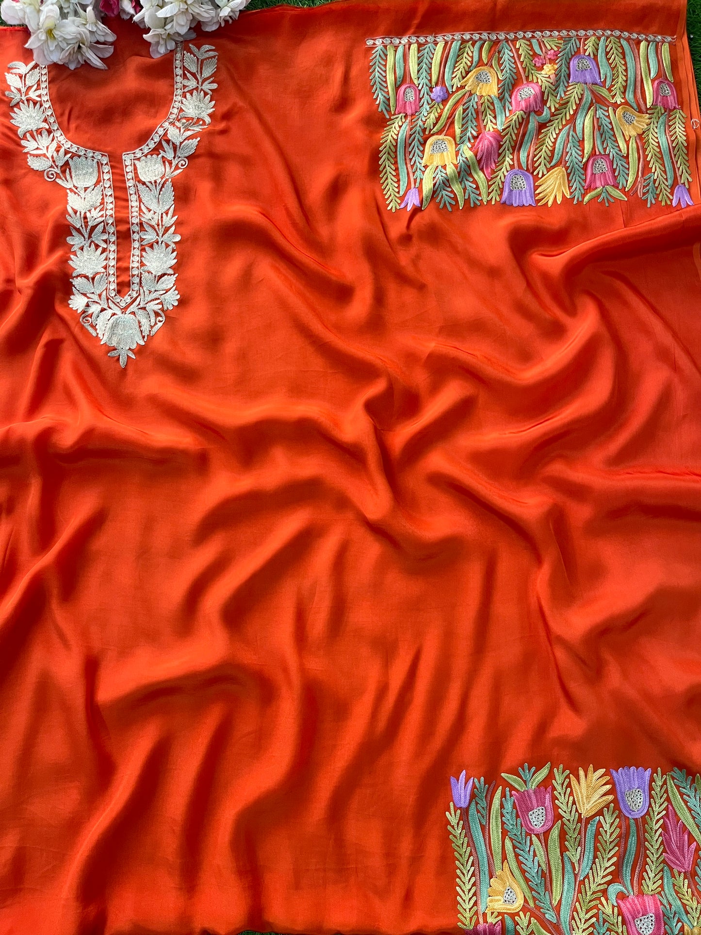 Kalaa’ Orange Crape Kashmiri Suit