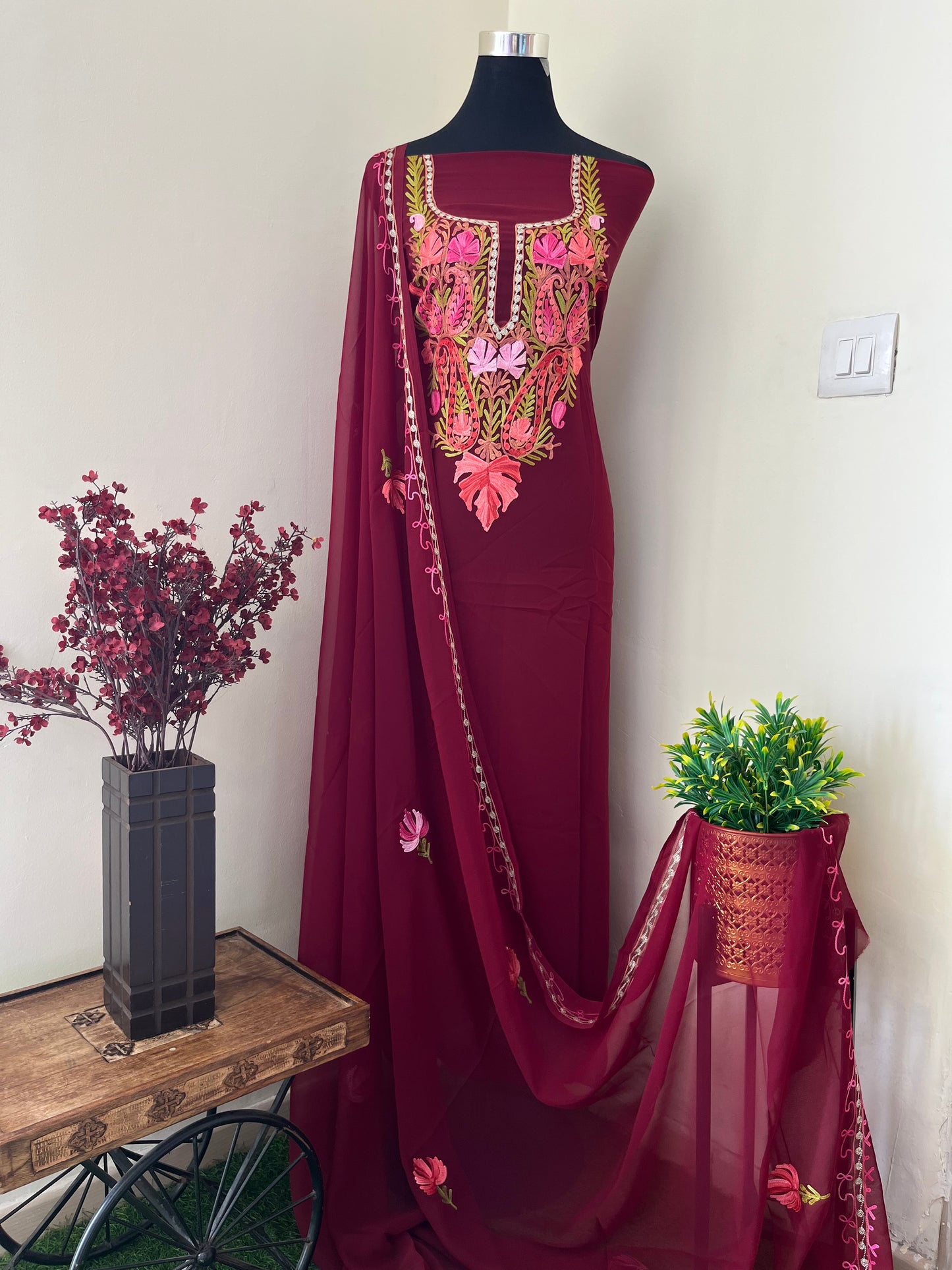 Maroon Georgette Shirt and Dupatta Aari Embroidered Suit